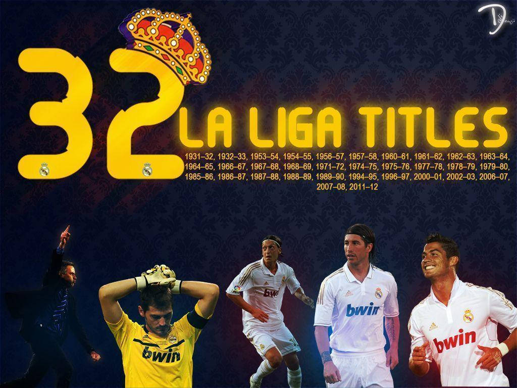 Opdag Real Madrid's La Liga Titler præsenteret på en interessant skrivebordsbaggrund. Wallpaper