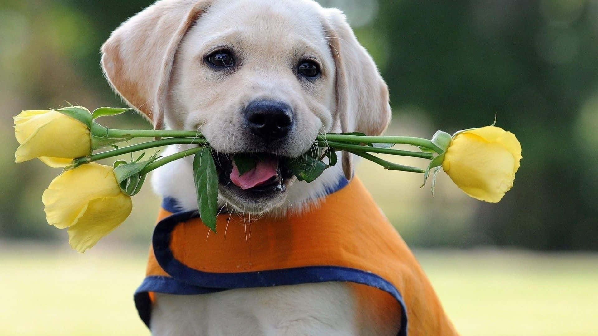 Imagende Un Cachorro De Labrador Con Rosas Amarillas.