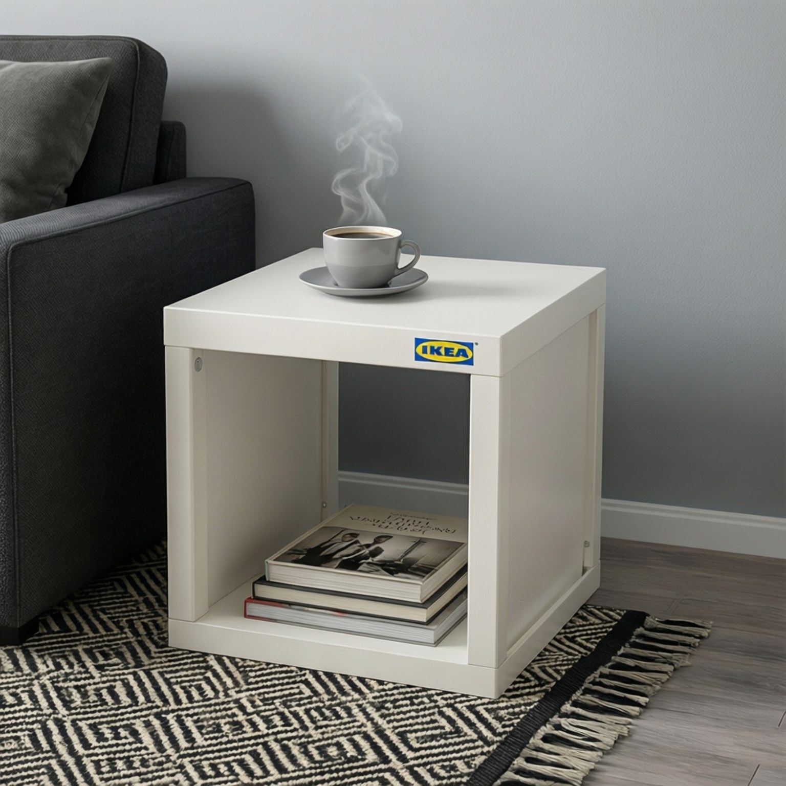 Enkelt IKEA LACK sidebord med kaffe og bok.