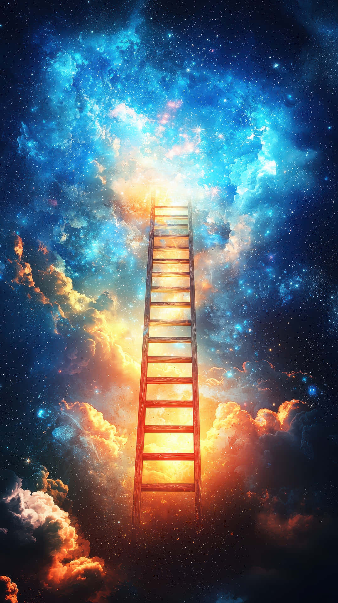 Ladder Reaching Into A Dreamlike Vibrant Galaxy Of Stars And Clouds Wallpaper