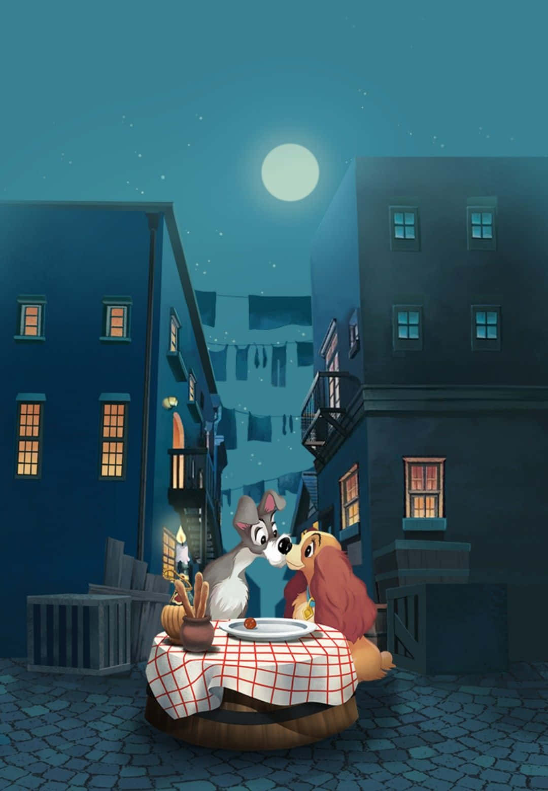 Lady and the Tramp sharing a romantic moment Wallpaper