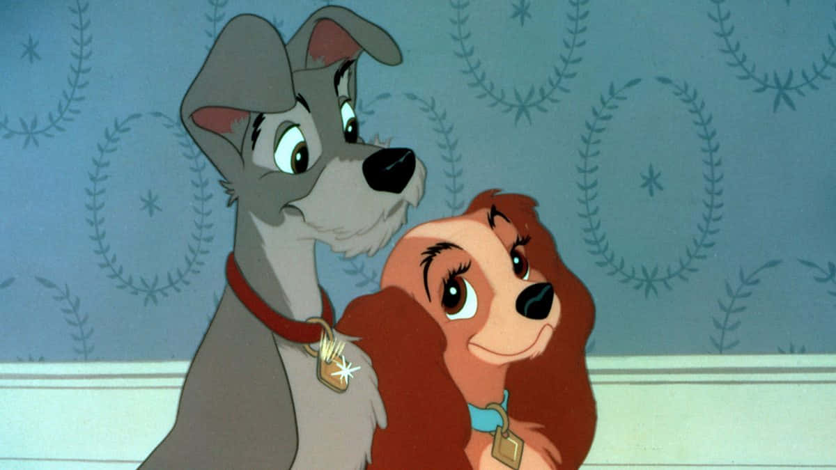 Lady and Tramp share a romantic spaghetti dinner together. Wallpaper