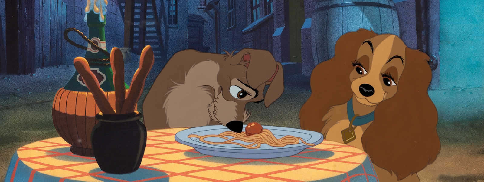 Lady and the Tramp sharing a romantic spaghetti dinner Wallpaper