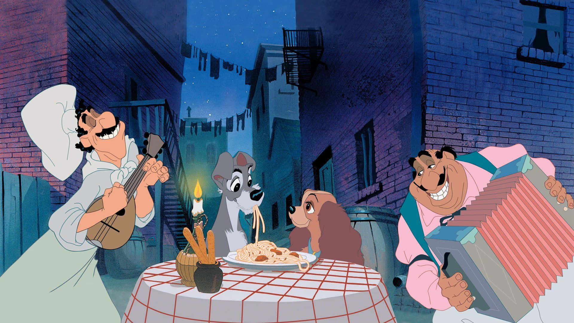 Lady and the Tramp's Iconic Spaghetti Scene Wallpaper