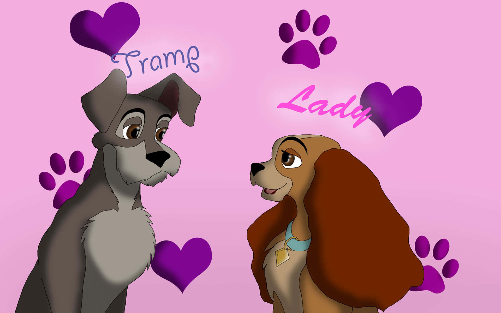 Lady and the Tramp sharing a romantic spaghetti dinner moment Wallpaper