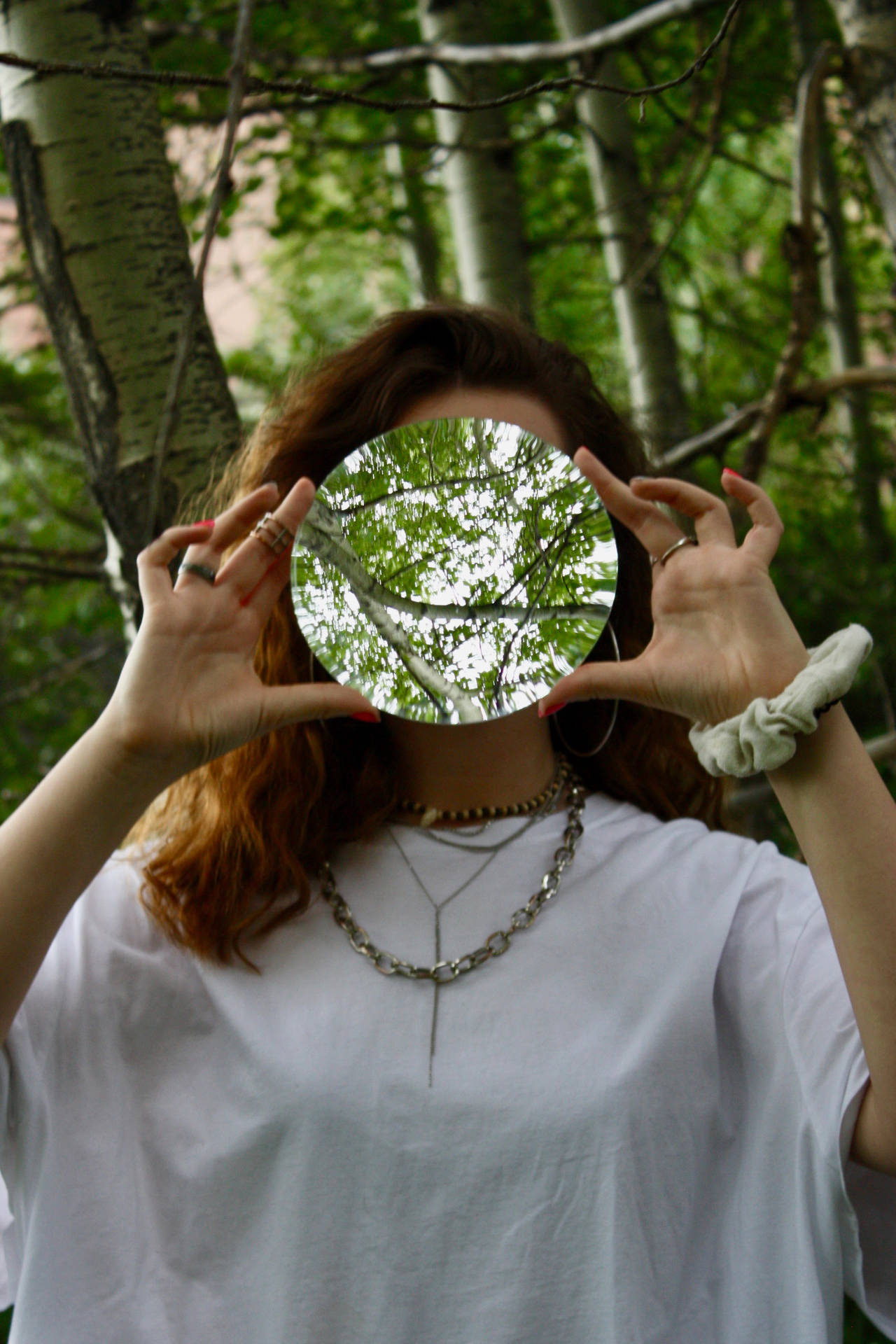 Lady In Forest Creative Mirror Shot Wallpaper