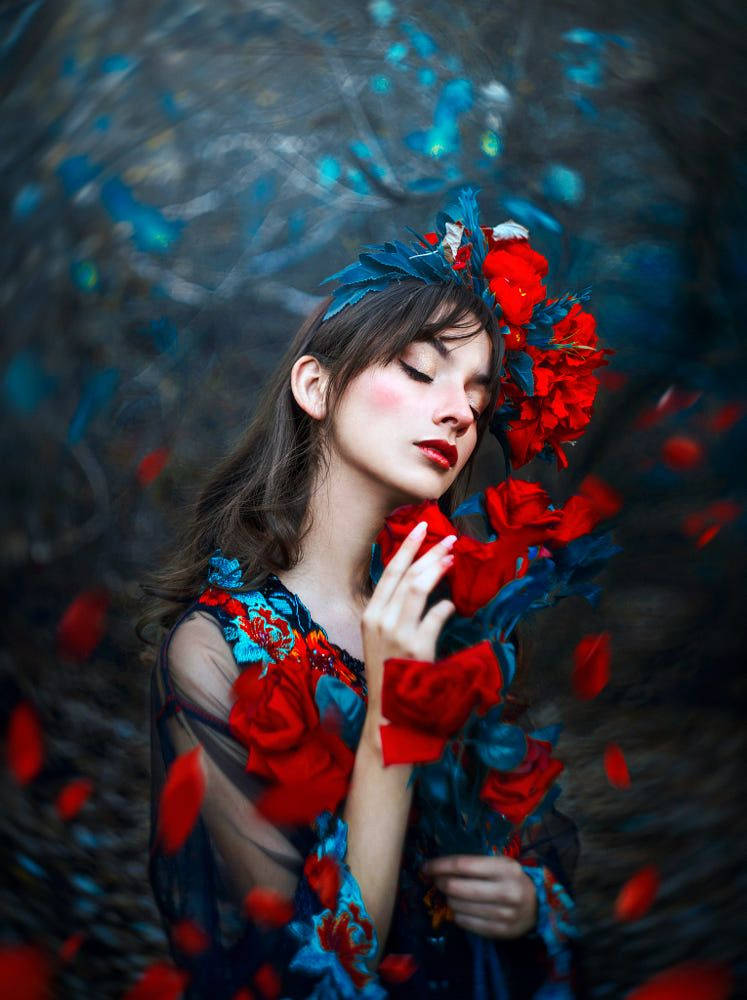 Lady In Red And Blue Floral Dress Wallpaper