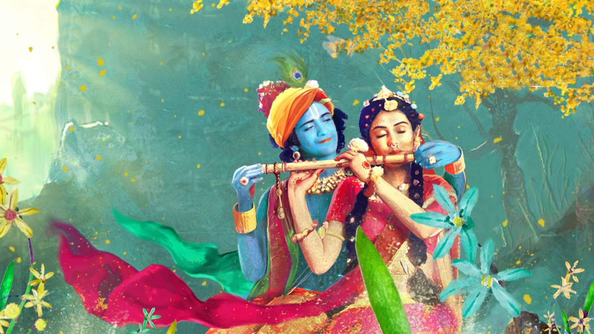 Lady Radha And Lord Krishna 4K Aesthetic Digital Art Wallpaper