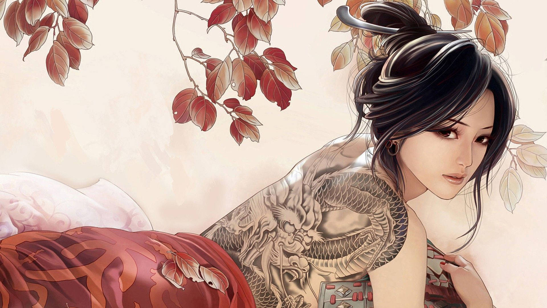 Mujercon Tatuaje De Dragón Japonés. Fondo de pantalla