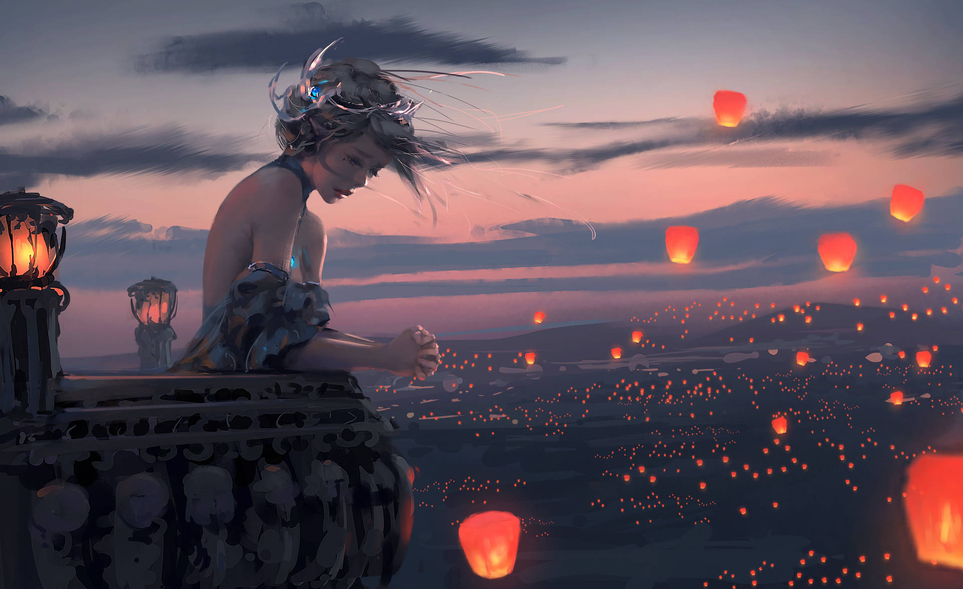 Lady With Lanterns Digital Art Wallpaper
