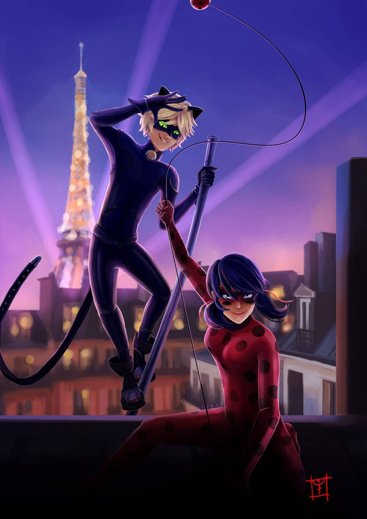 Ladybug And Cat Noir Action Poses In Paris Wallpaper