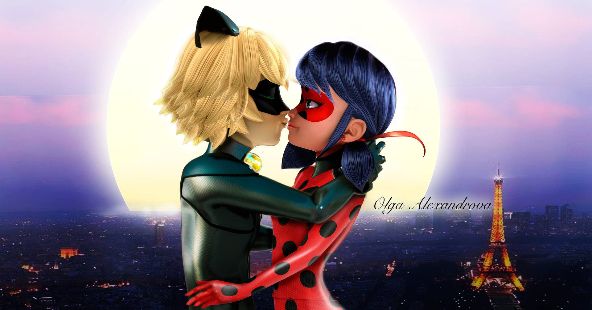Ladybug og Cat Noir kysse fuldmåne Tapet Wallpaper