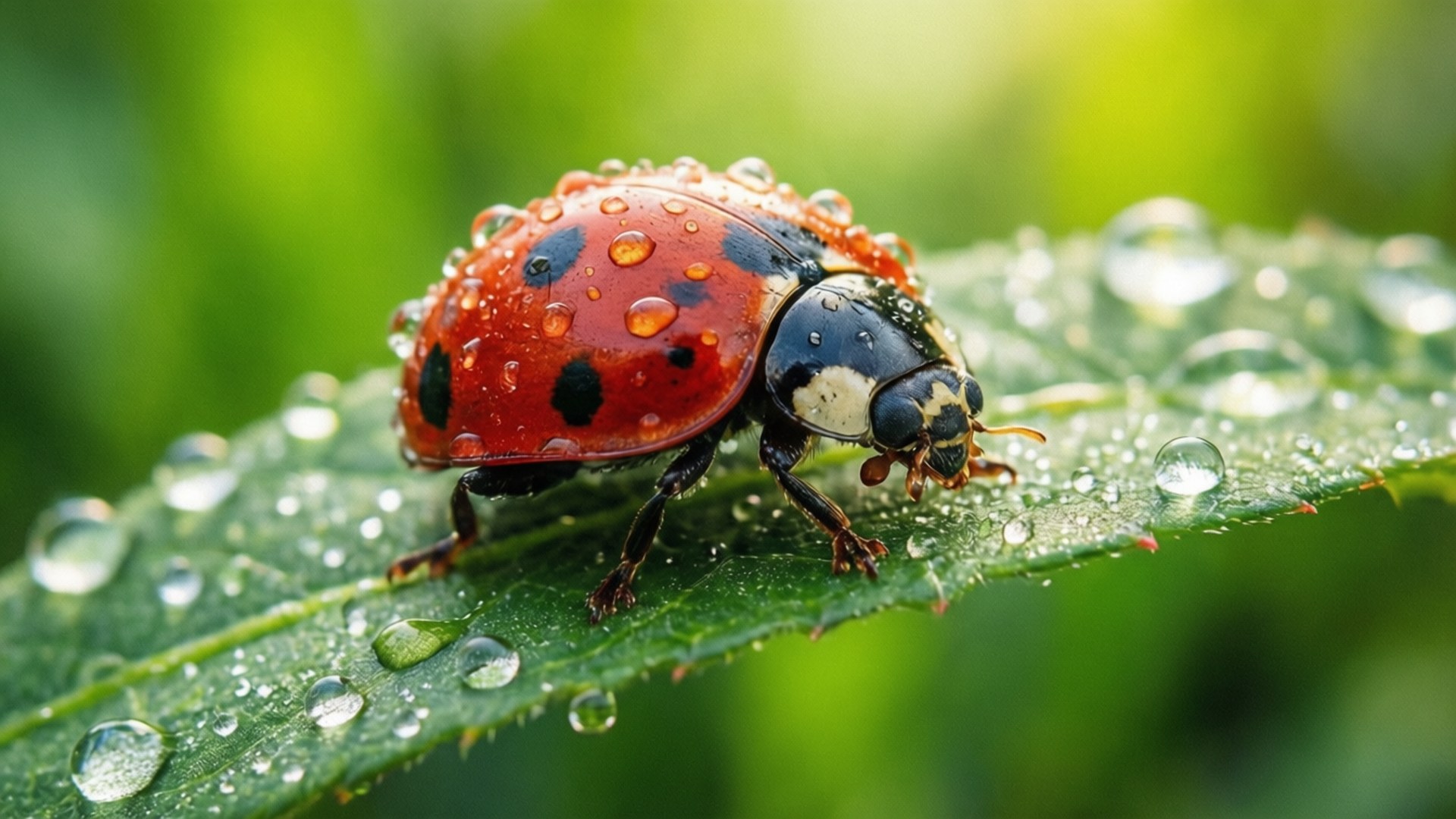 Makro dari kumbang kepik merah di daun dengan embun wallpaper