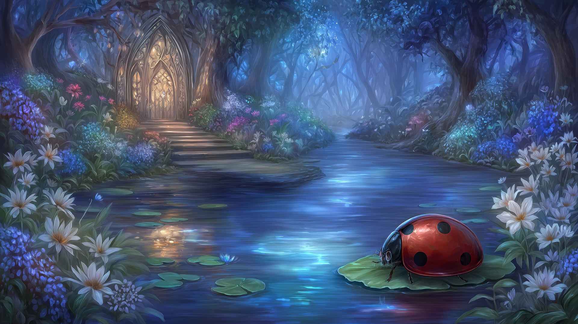 Ladybug On Lily Pad In Magical Forest With Glowing Gate Wallpaper