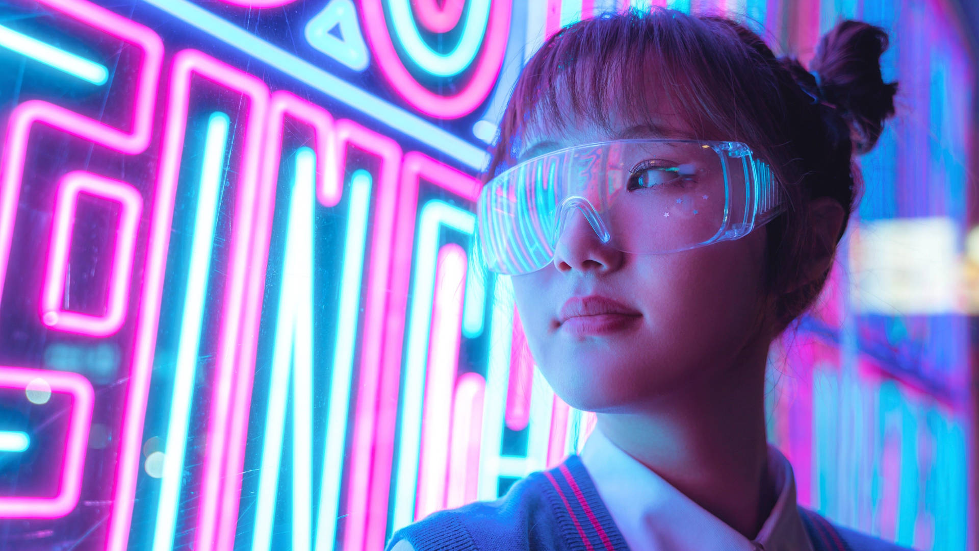 Laesthetic Purple Neon Computer Asian Girl Wallpaper