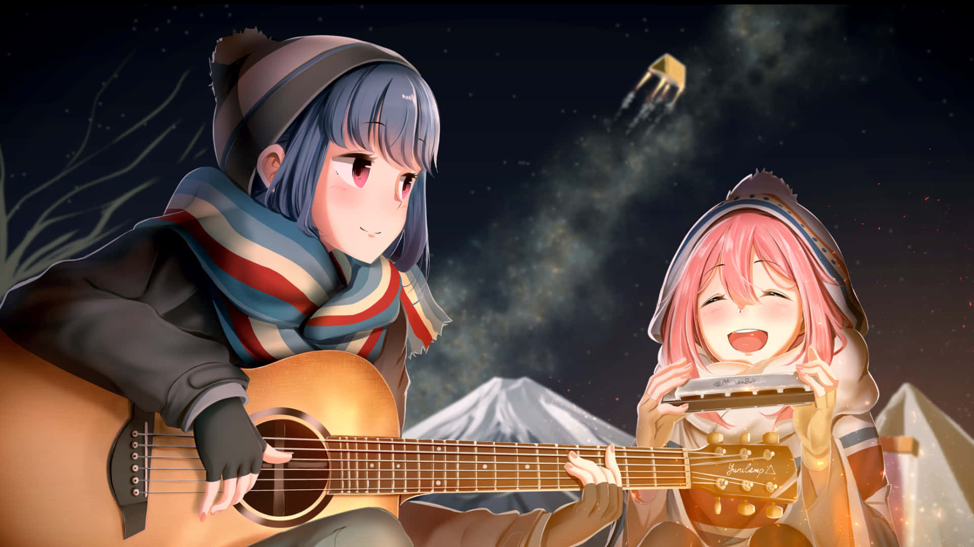 A winter night in the Japanese outdoors, where the stars shine and the campfire glows