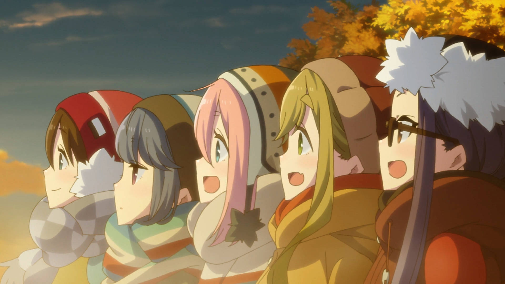 Laid Back Camp Cast Watching Sunset Wallpaper