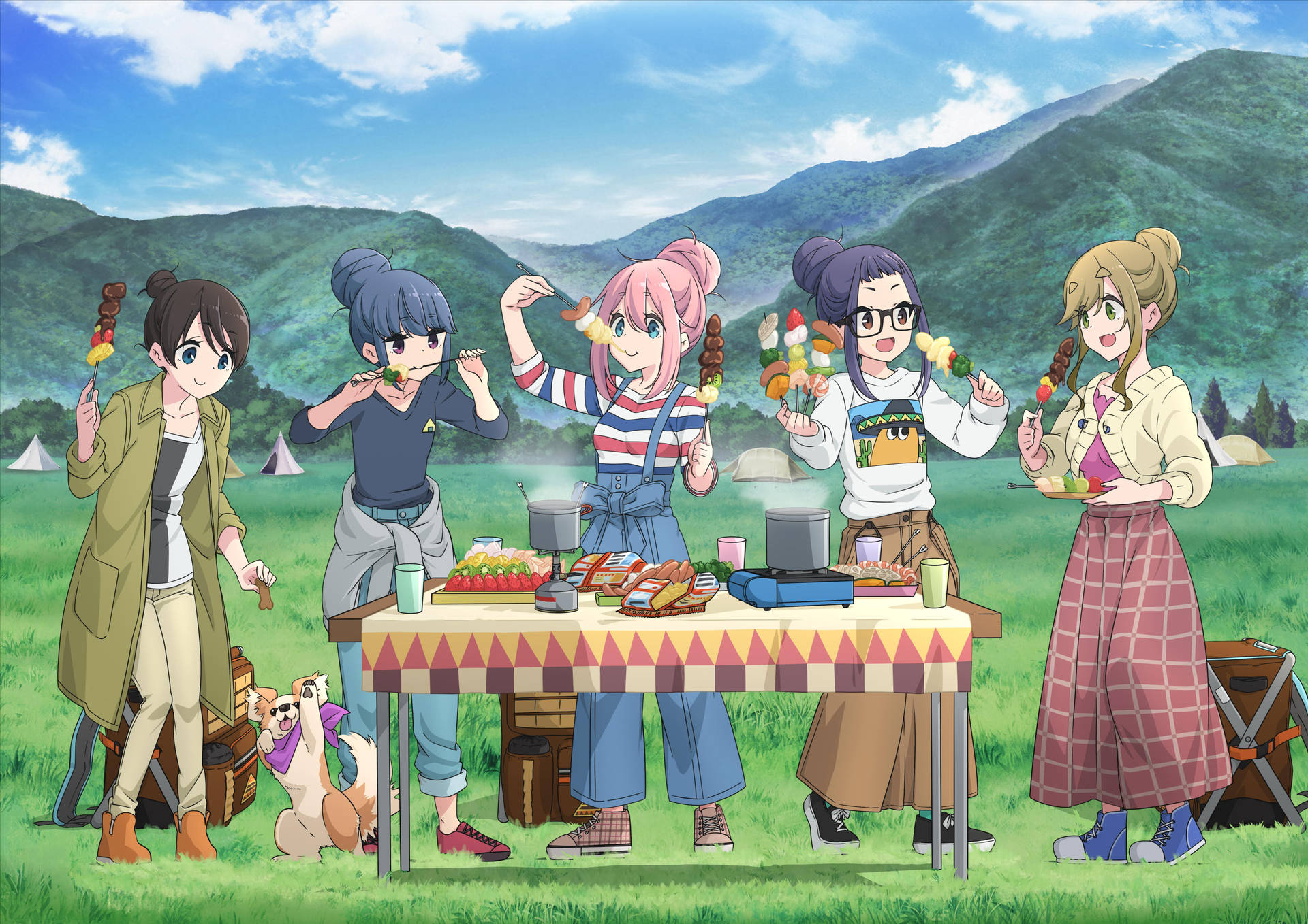 Laid Back Camp Characters Camp Party Wallpaper