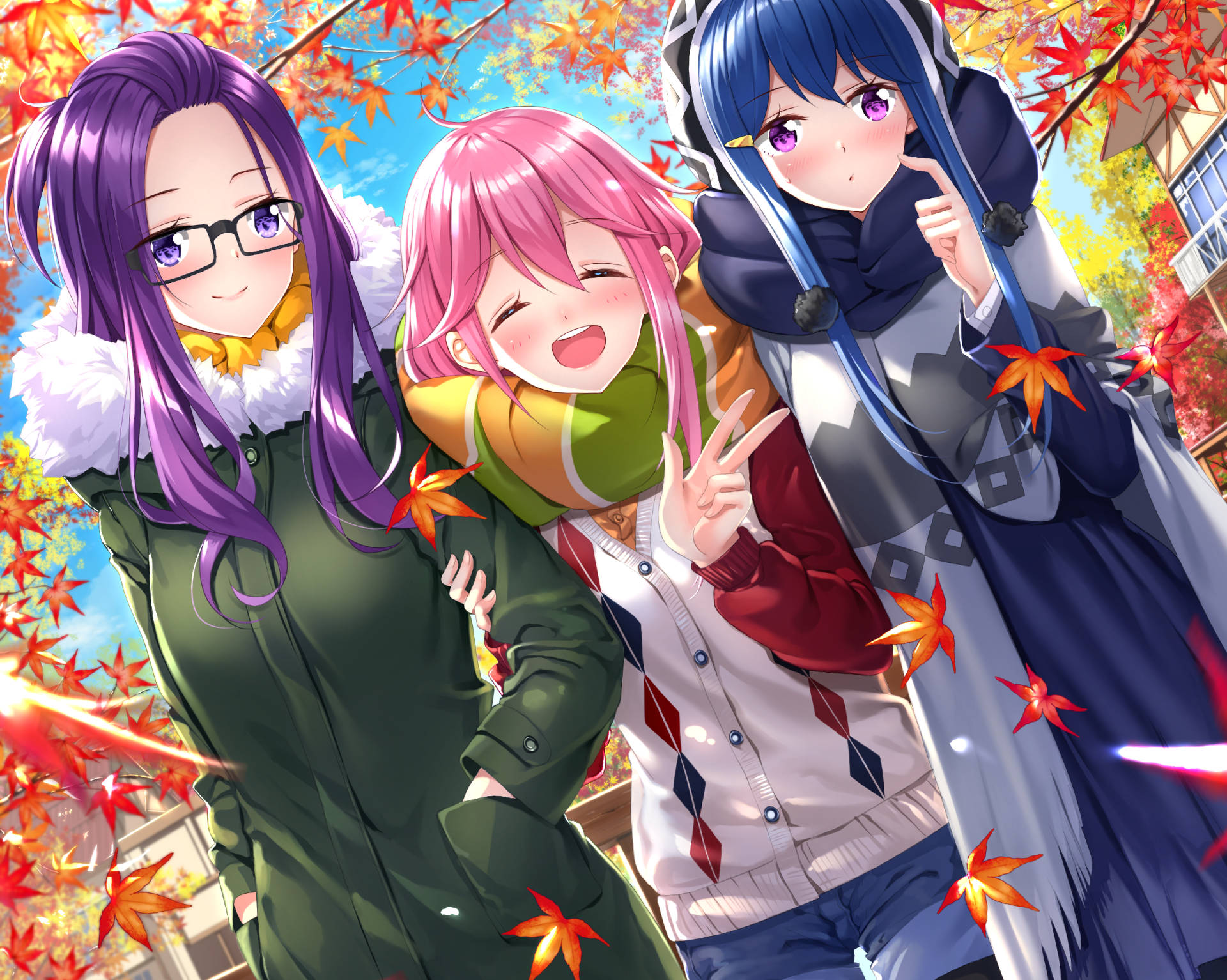 Laid Back Camp Characters In Autumn Wallpaper