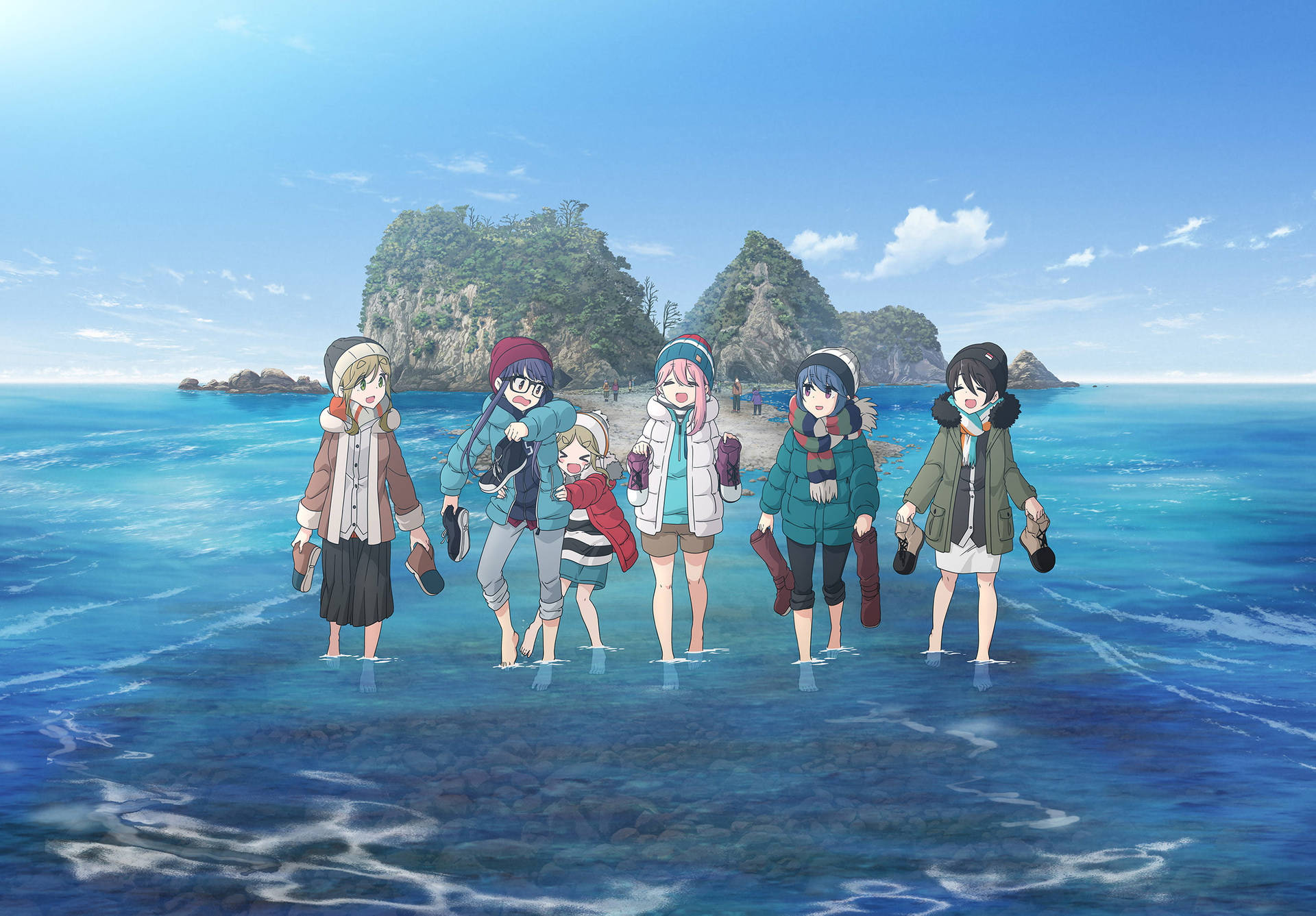 Laid Back Camp Characters Island Trip Wallpaper