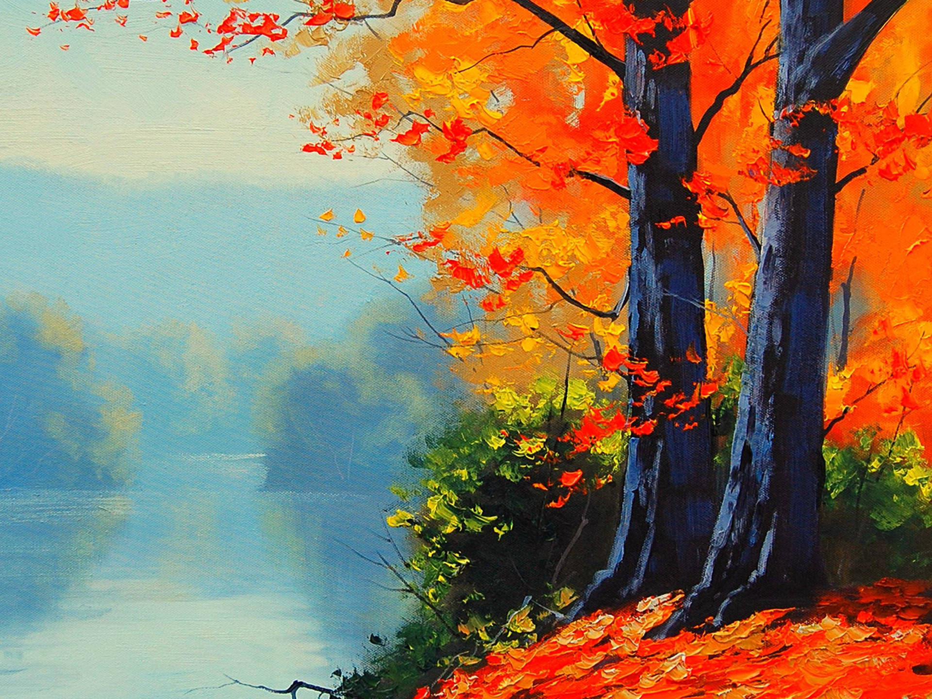 Lake And Autumn Trees Paint Art Wallpaper