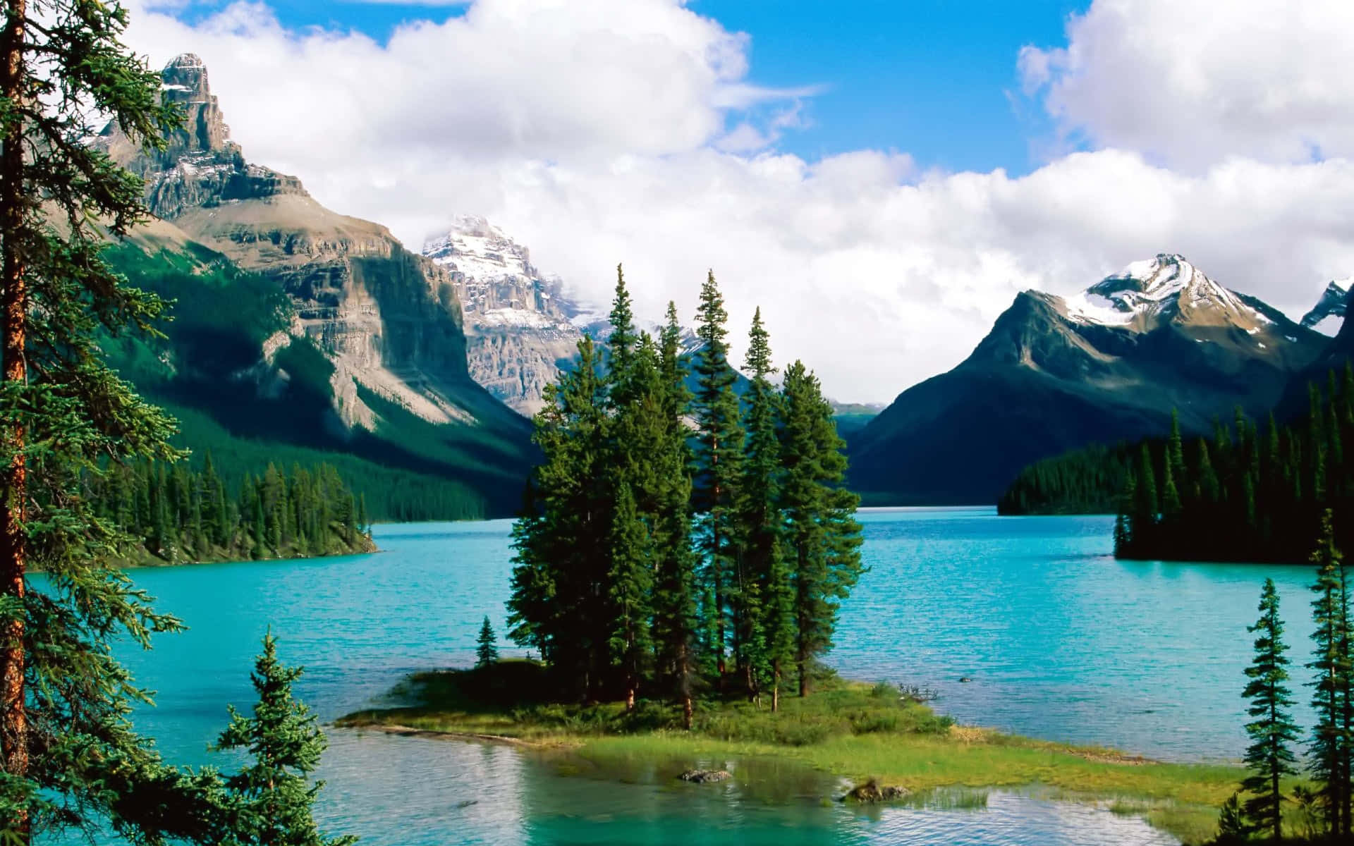 Serene lake surrounded by tall trees and grassy hills