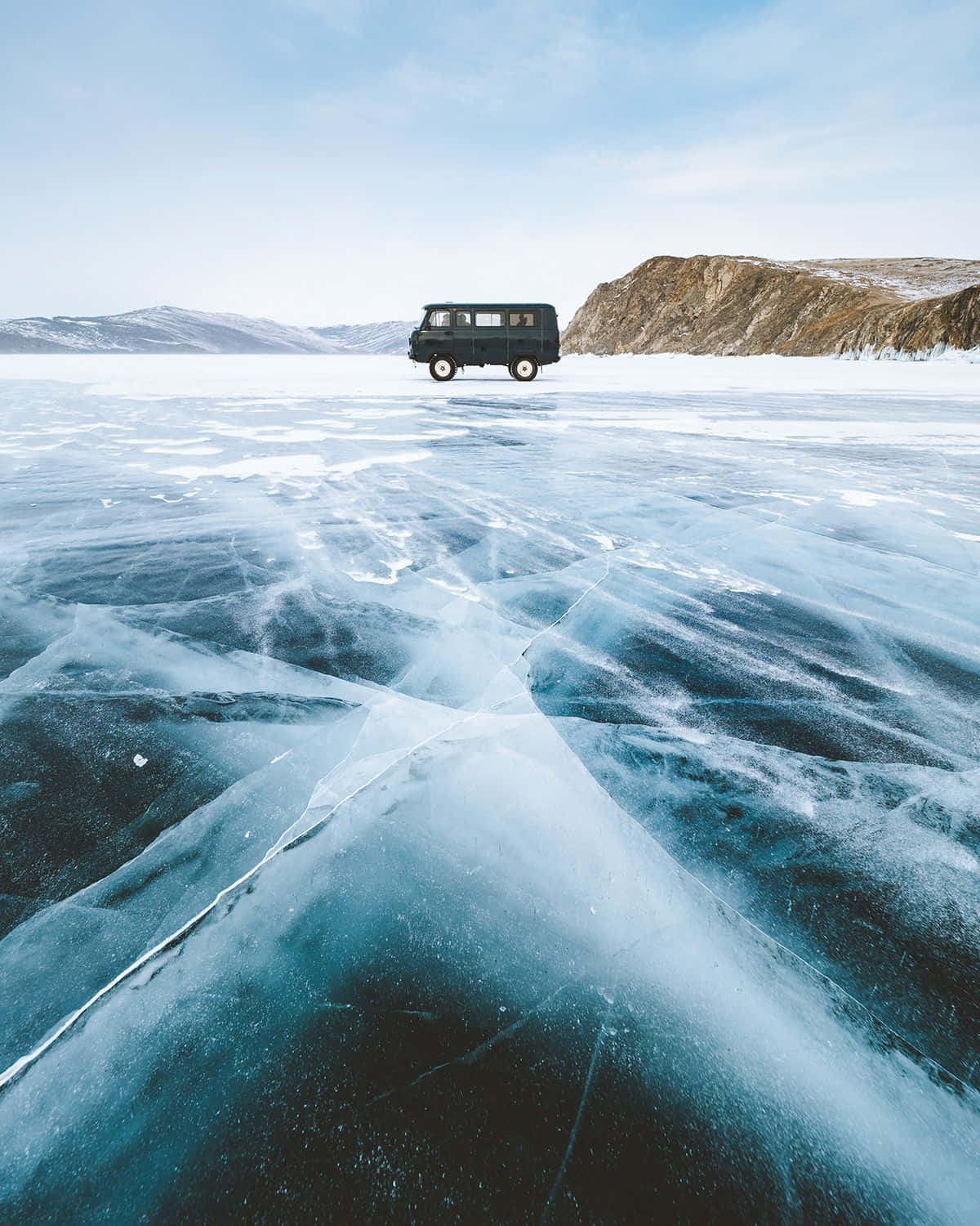 Lake Baikal Car On Top Of Frozen Lake Wallpaper