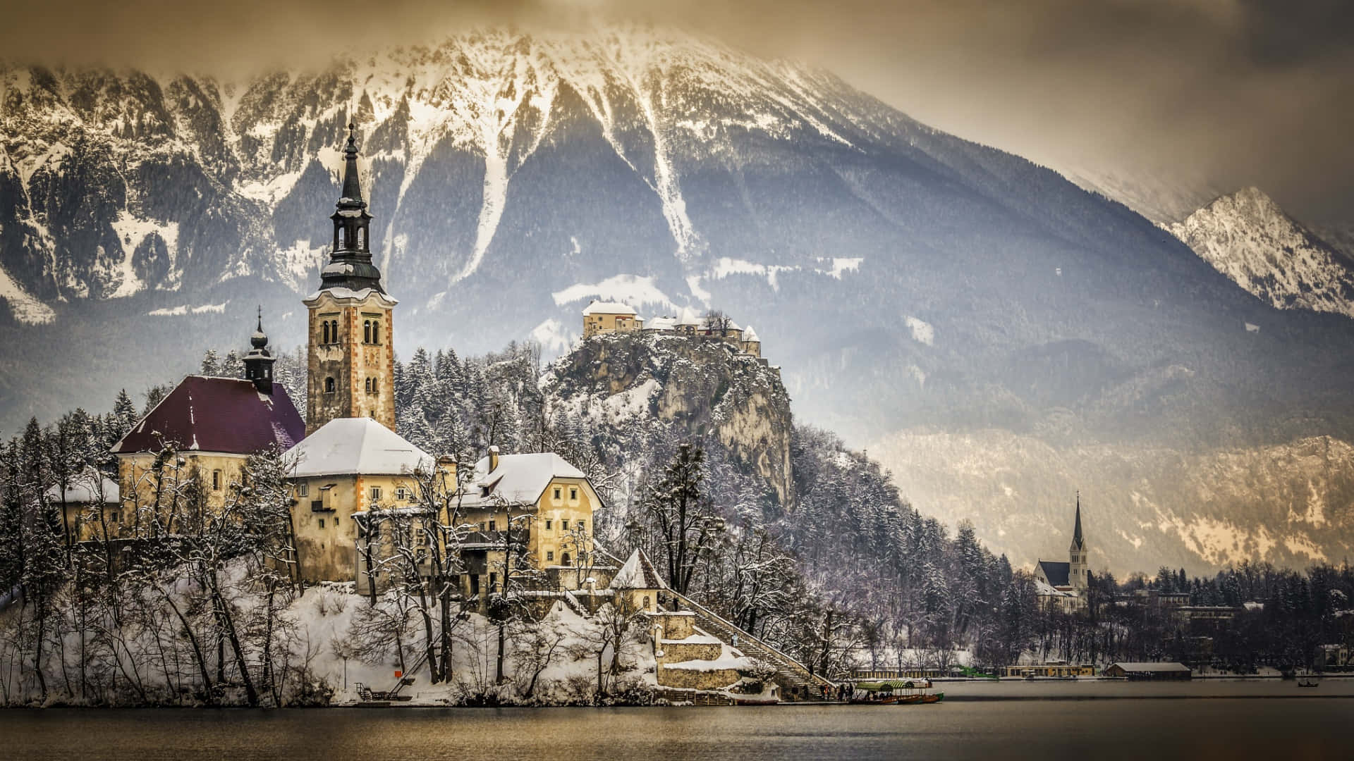 Lake Bled And The Church During Winter Wallpaper