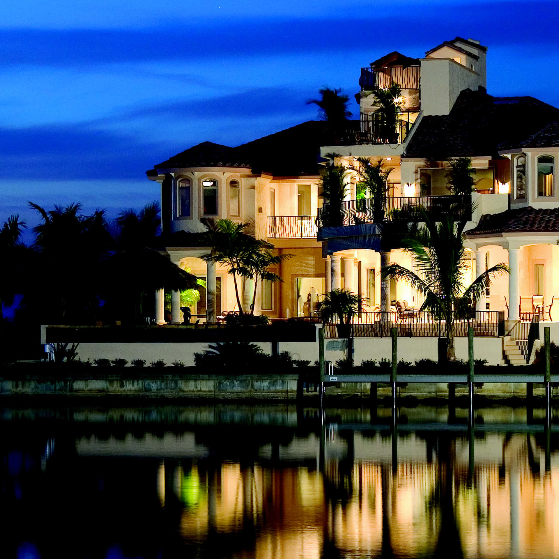 Lake Luxury House At Night Wallpaper