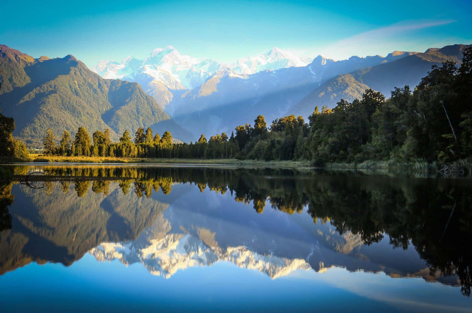 Lake Matheson Reflectie Nieuw-zeeland Achtergrond