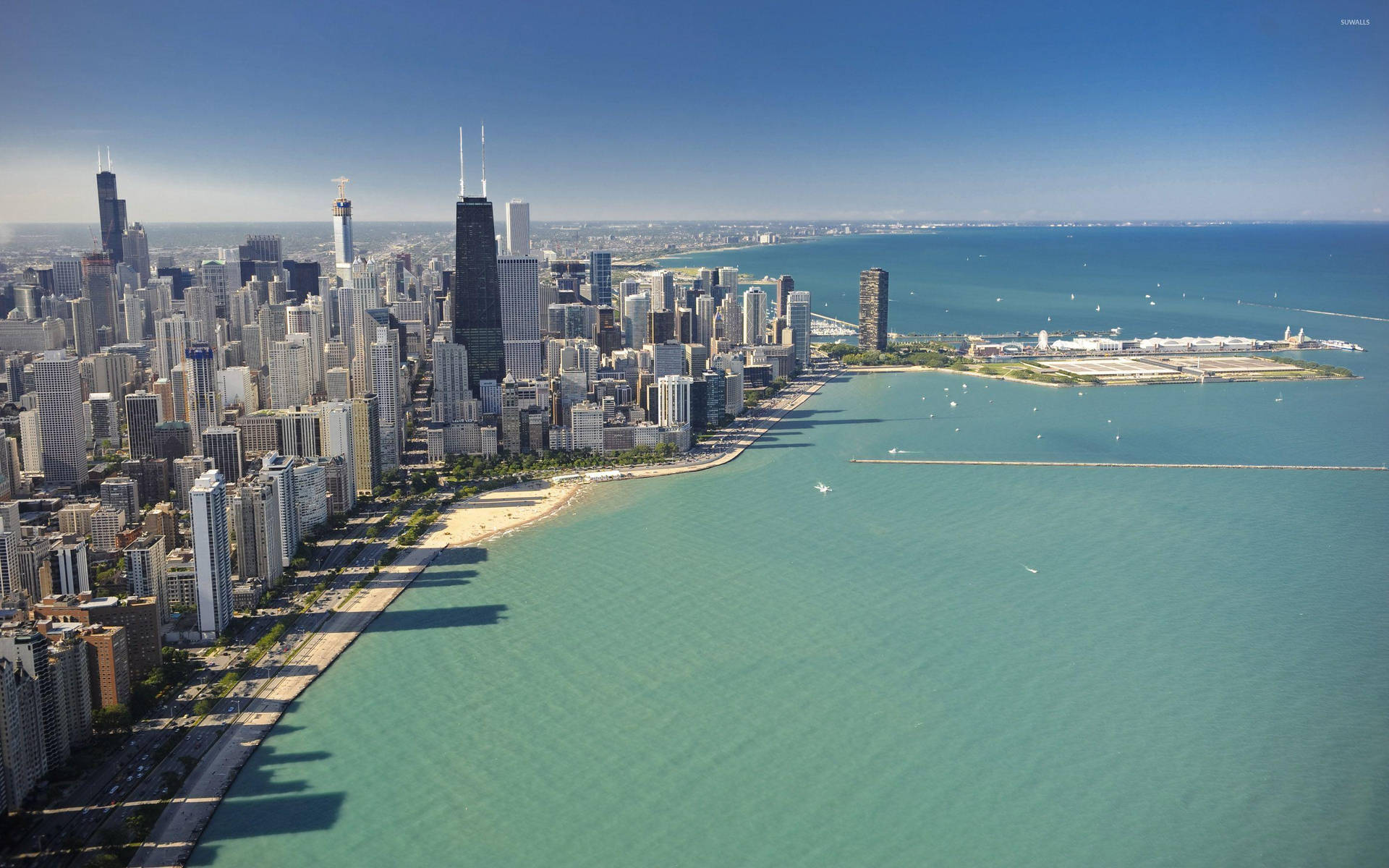 Lake Michigan And Chicago Skyline Aerial Drone View Wallpaper