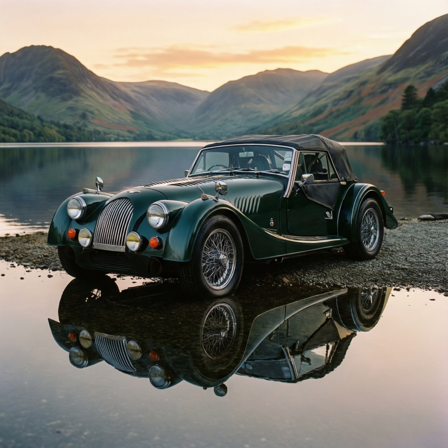 Morgan Plus Four by a lake with mountain reflection at sunrise.