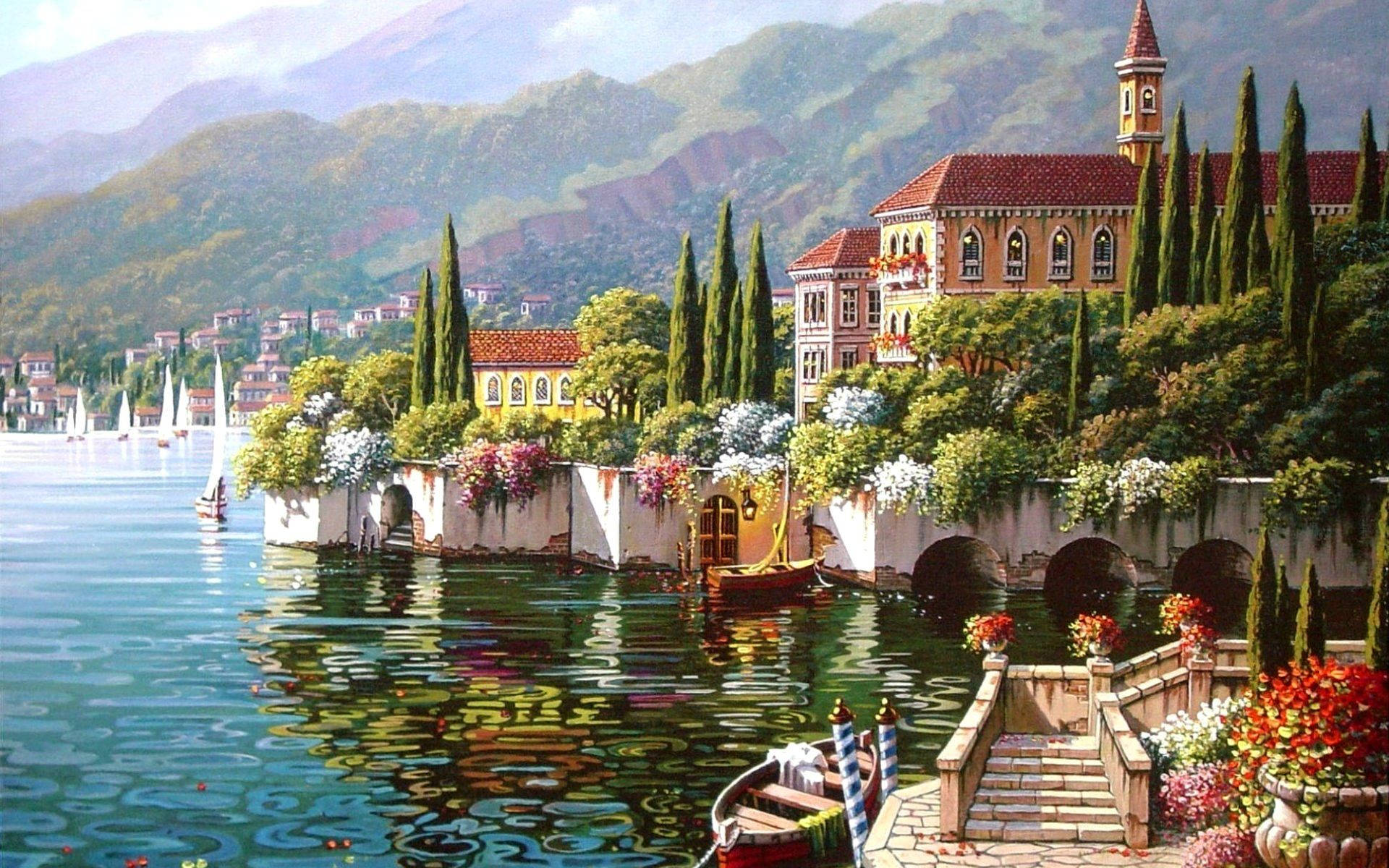 Lake View Painting With Mansion