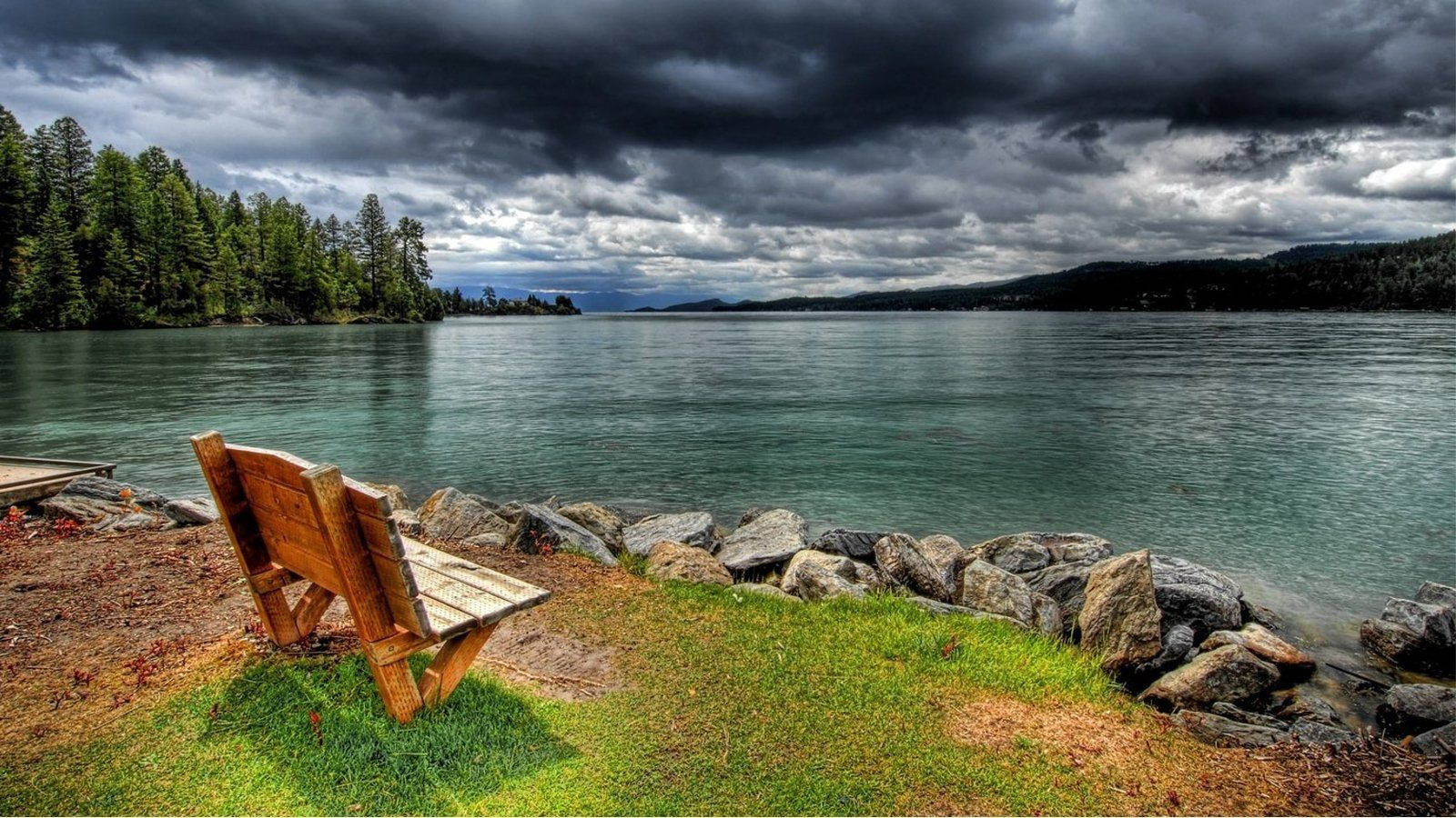 Lake View With Wooden Bench Wallpaper