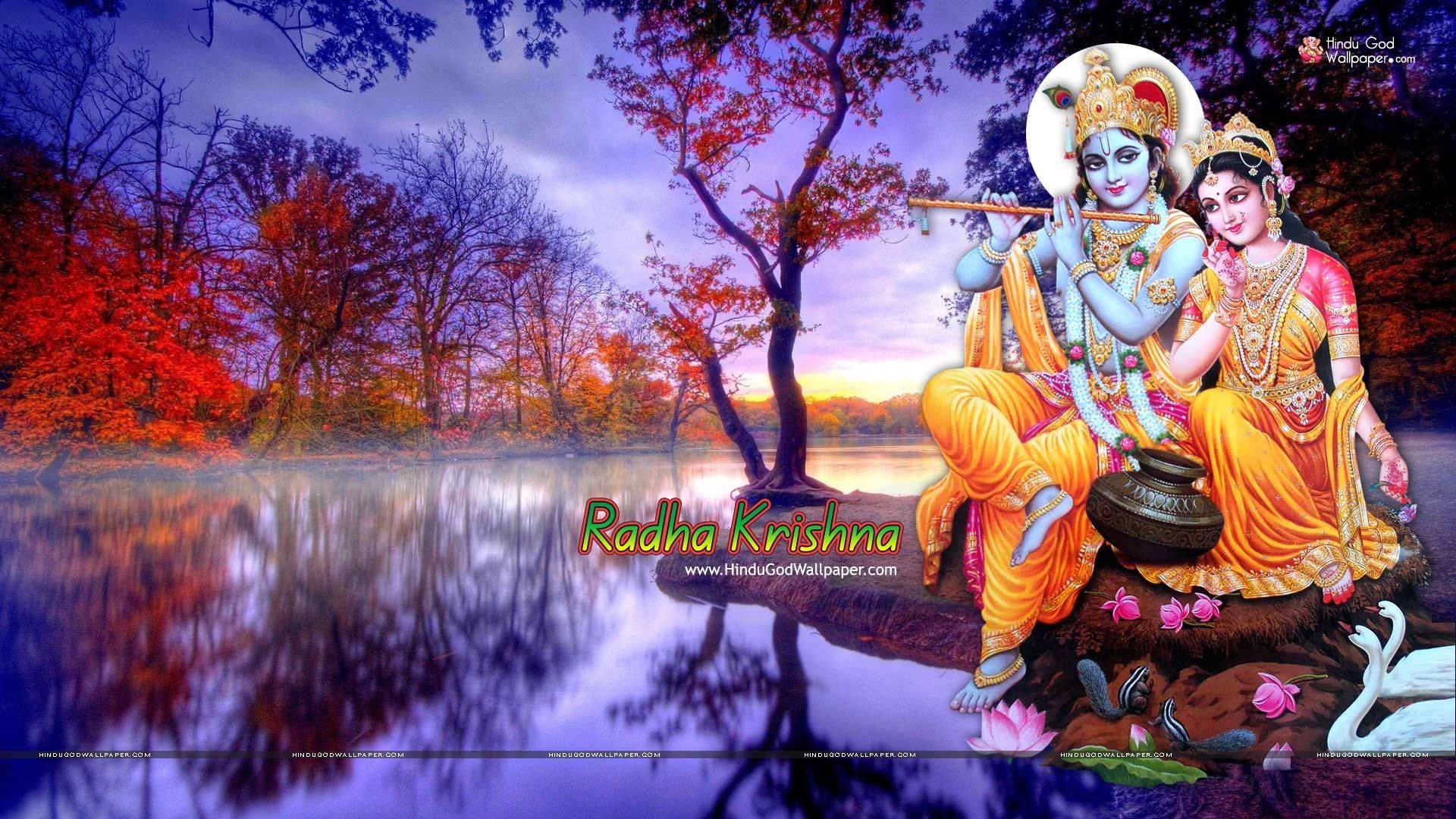 Lake With Radha And Krishna Desktop Wallpaper