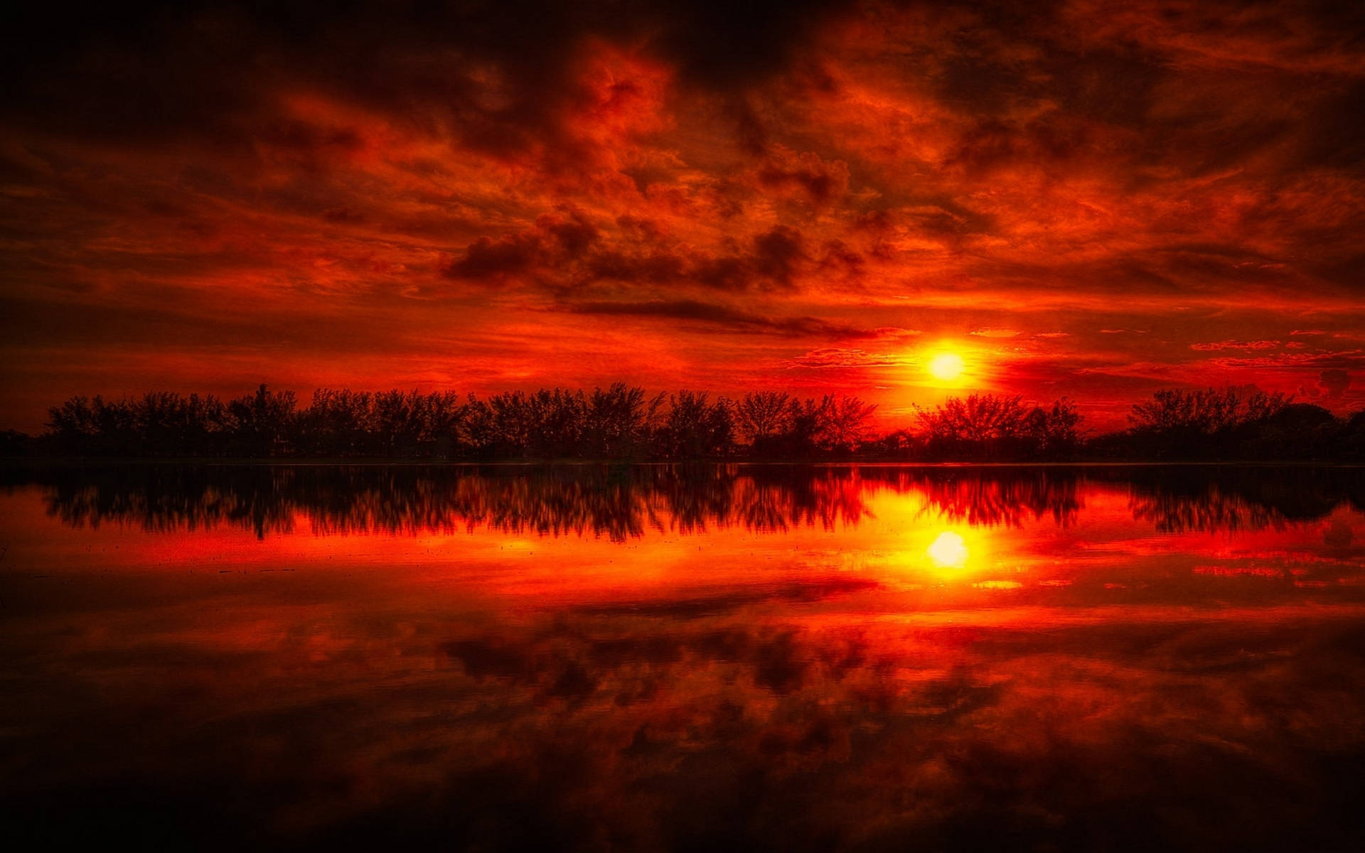 Lake With Red Fire Sky Wallpaper
