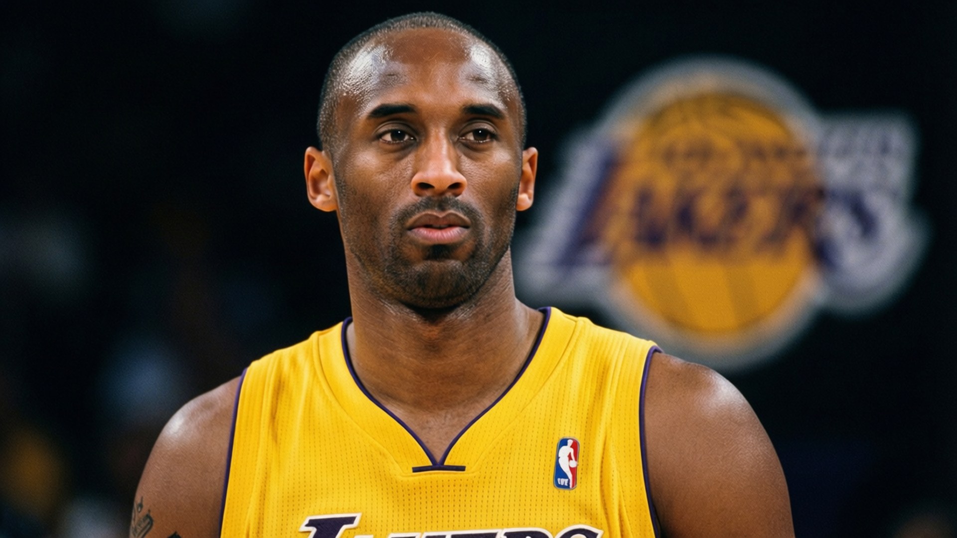 Kobe i Lakers-uniform med et seriøst udtryk, holdlogoet falmet bagved.