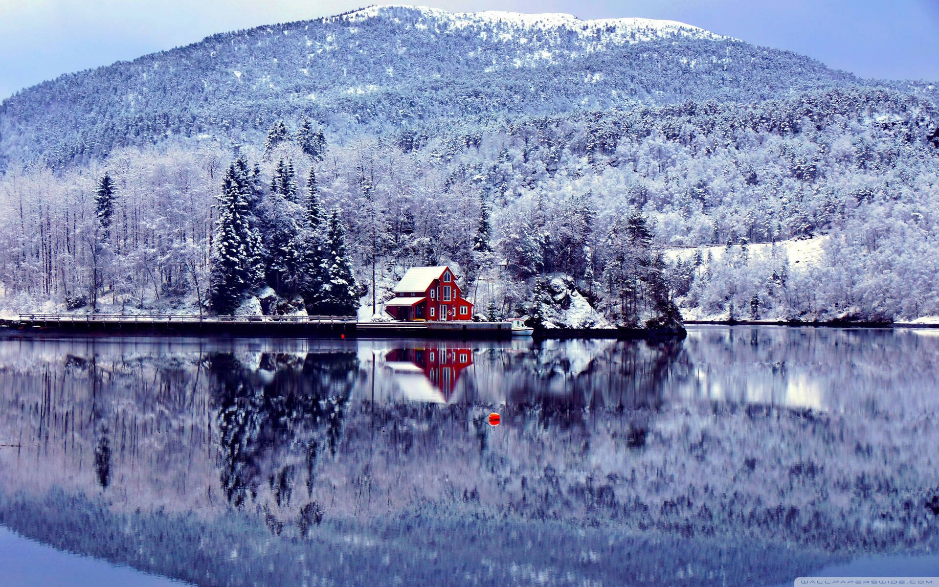 Lakeside Cabin Winter Landscape Wallpaper