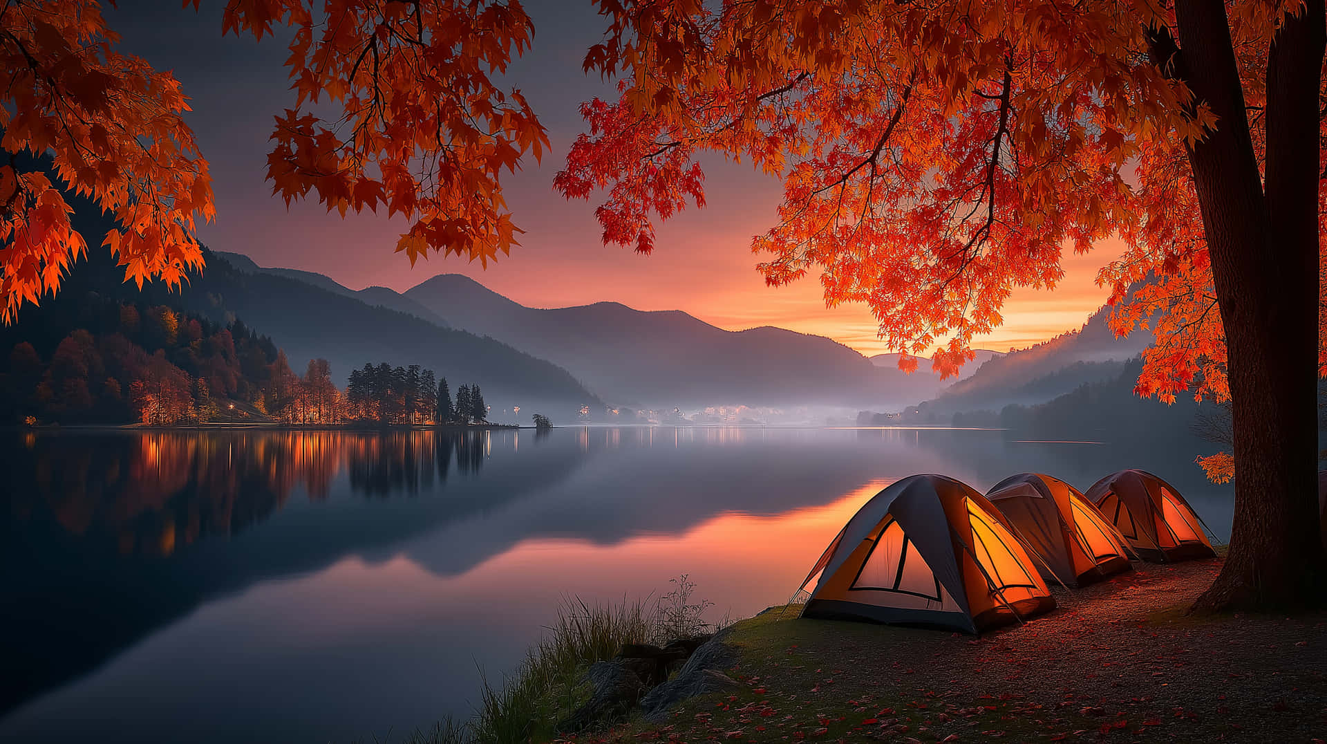Lakeside Camping With Tents & Mountains At Sunrise Wallpaper