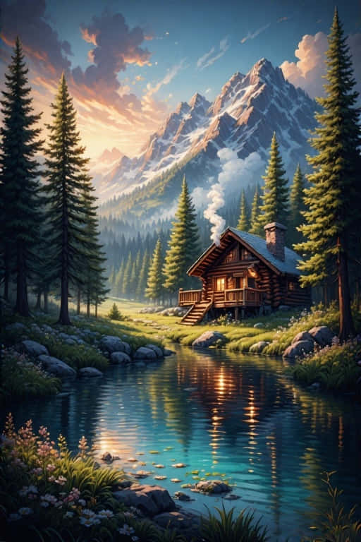 Lakeside Log Cabin Retreat Peaceful Mountain Nature 4k Wallpaper