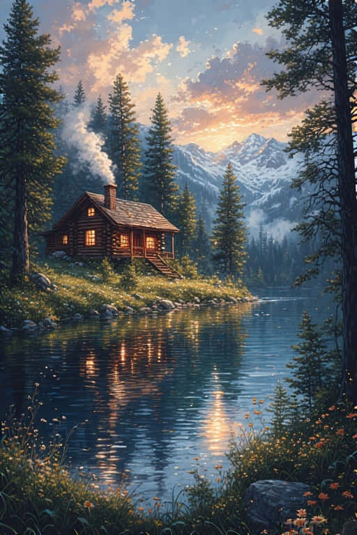 Lakeside Log Cabin Retreat Peaceful Mountain Nature 4k Wallpaper