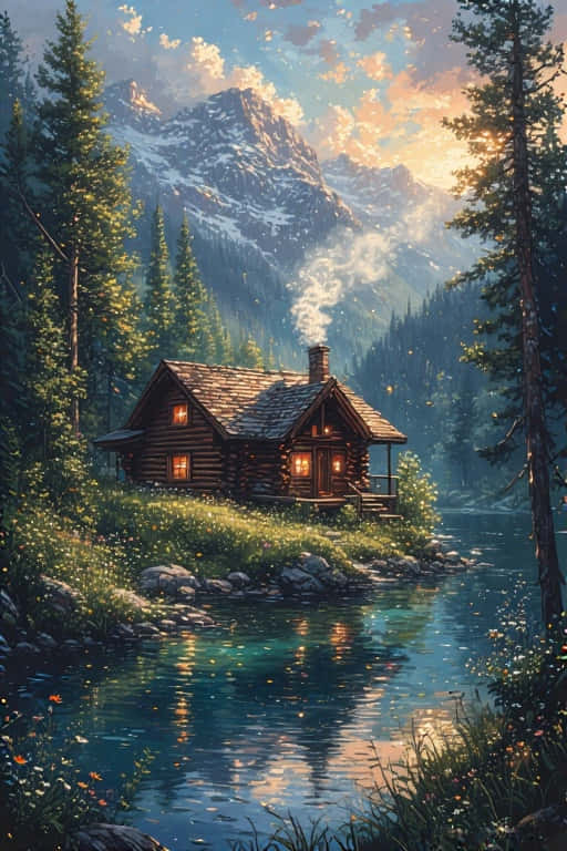 Lakeside Log Cabin Retreat Peaceful Mountain Nature 4k Wallpaper
