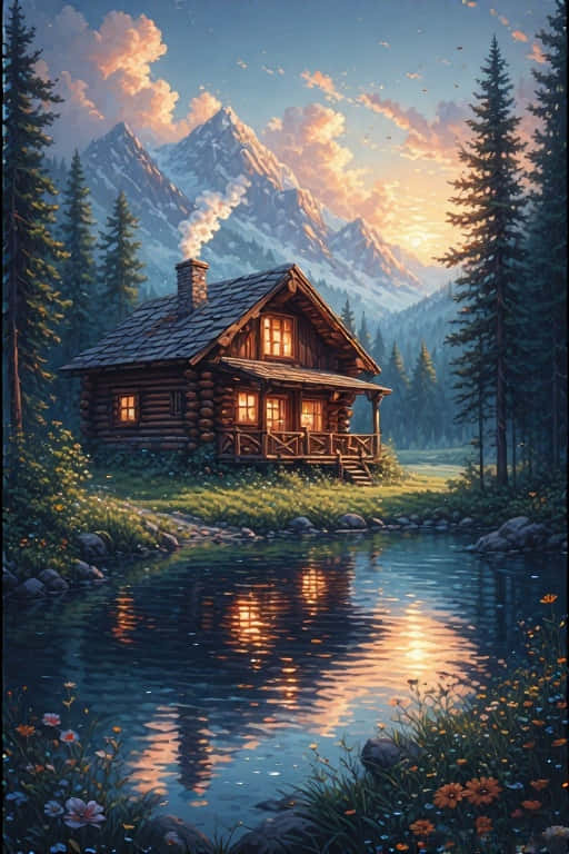 Lakeside Log Cabin Retreat Peaceful Mountain Nature 4k Wallpaper