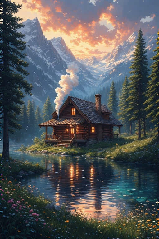 Lakeside Log Cabin Retreat Peaceful Mountain Nature 4k Wallpaper