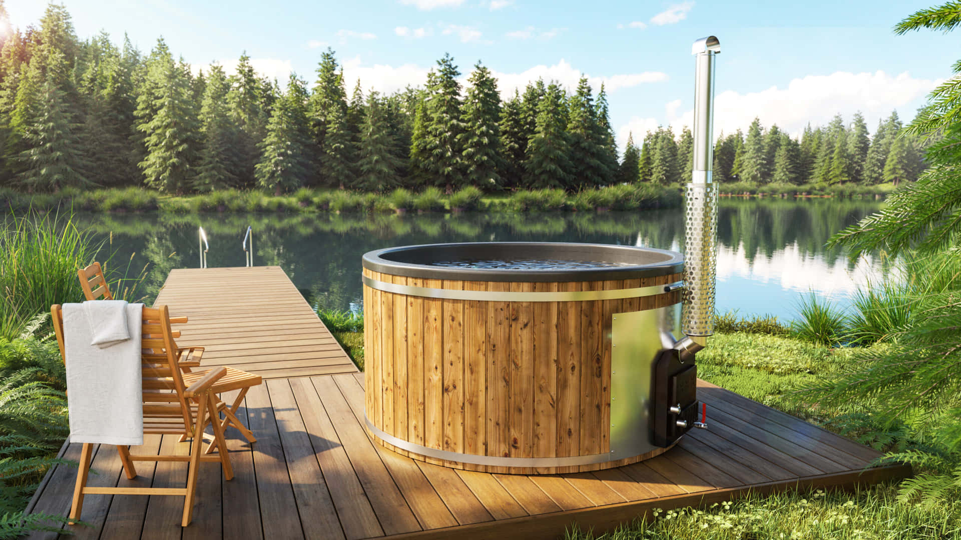 Lakeside Wooden Hot Tub Relaxation Wallpaper