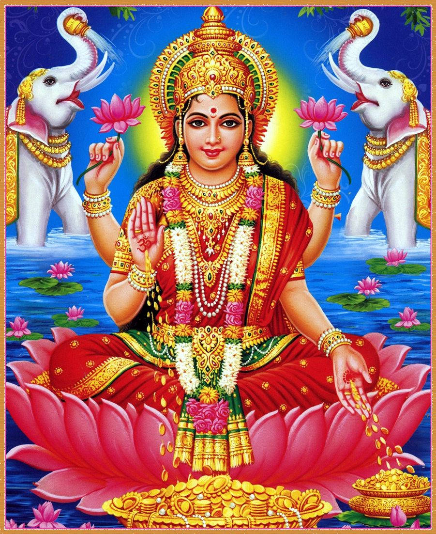 Download Lakshmi Devi Releasing Coins Blue Background Wallpaper ...