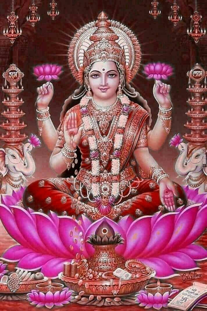 Lakshmi Devi With Lamps And Elephants