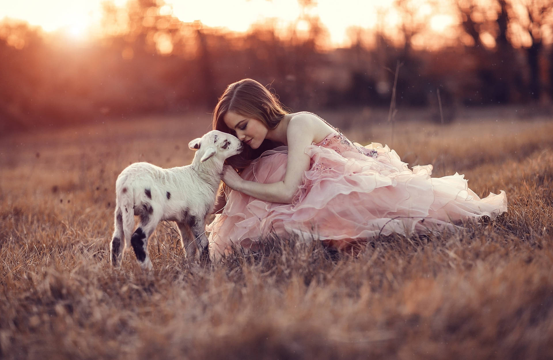 Lamb With Girl Vintage Aesthetic Wallpaper