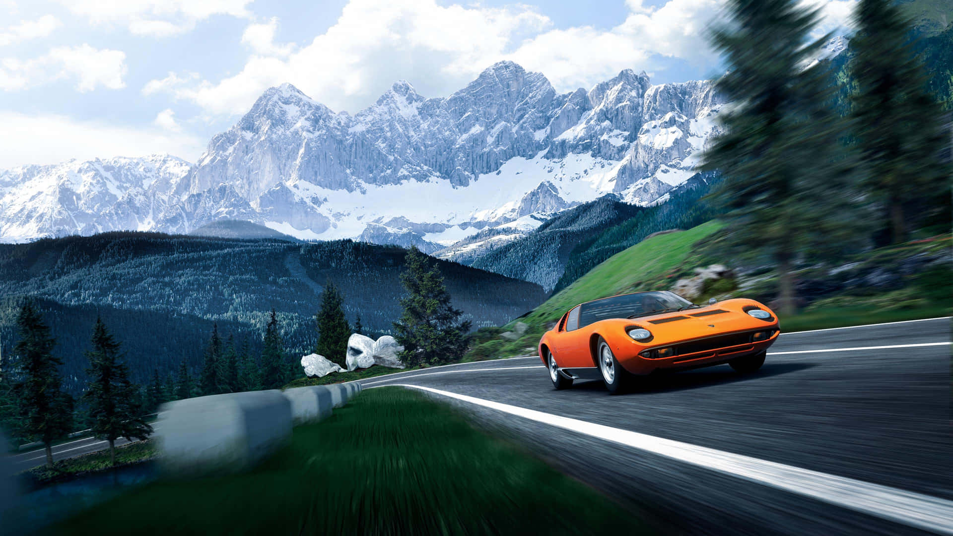 A stunning Lamborghini Miura showcased in a breathtaking view. Wallpaper