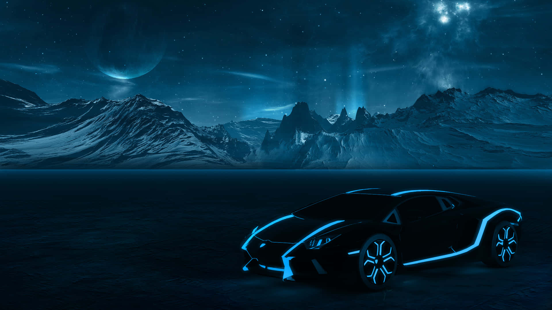 a car is shown in the night sky with a blue light